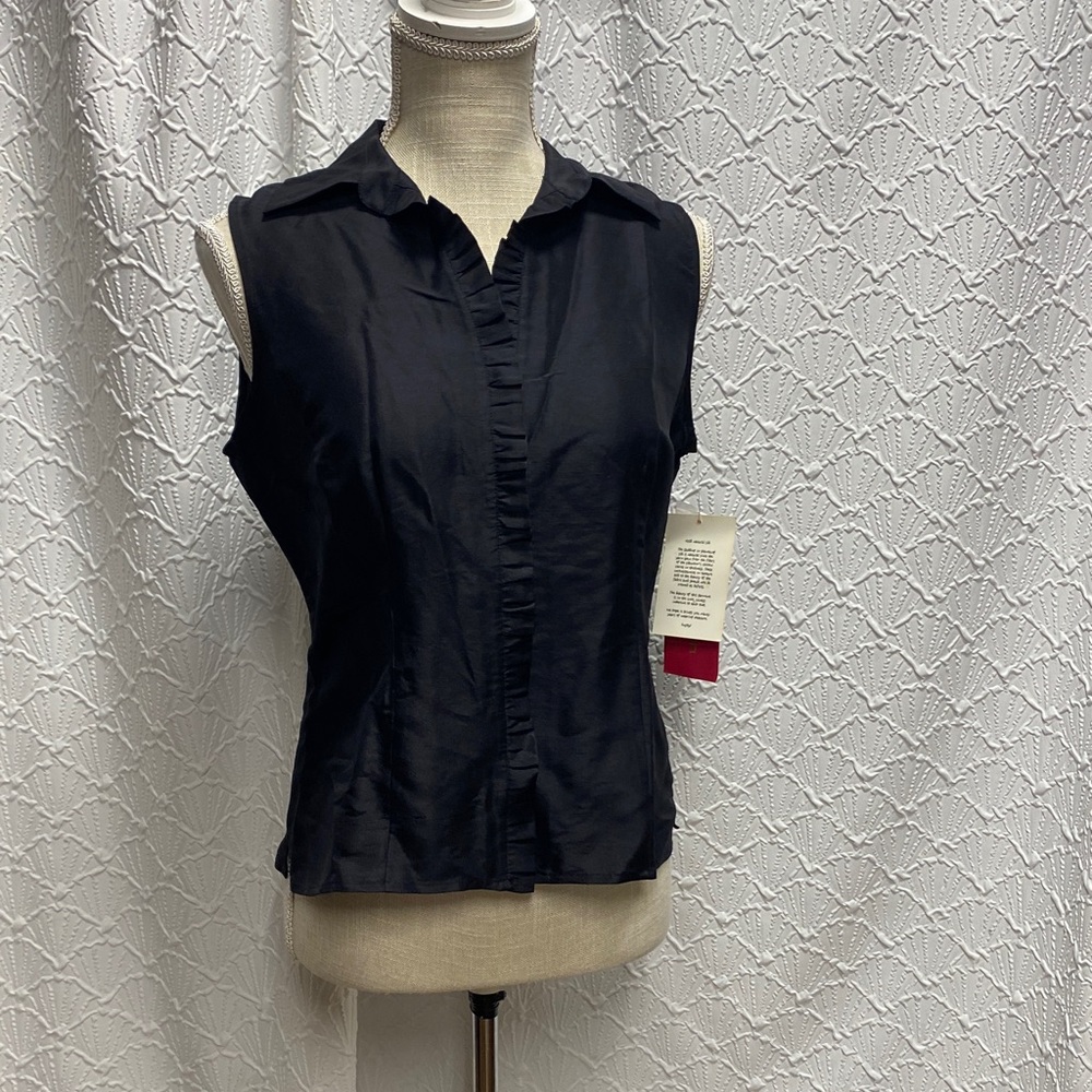 NWT Sunny Leigh size small Black Ruffled Silk Blouse button‎ down soft elegant